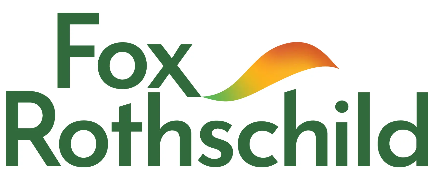 Fox Rothschild logo in green text with an orange and yellow swoosh arching above the letter h in Rothschild. The background is white.