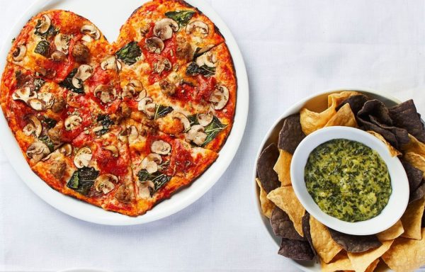 Heart shaped pizza with Spinach Dip at California Pizza Kitchen