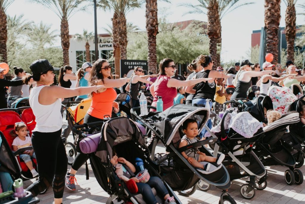 Mothers working out at Fit4Mom Celebration of Moms at Downtown Summerlin