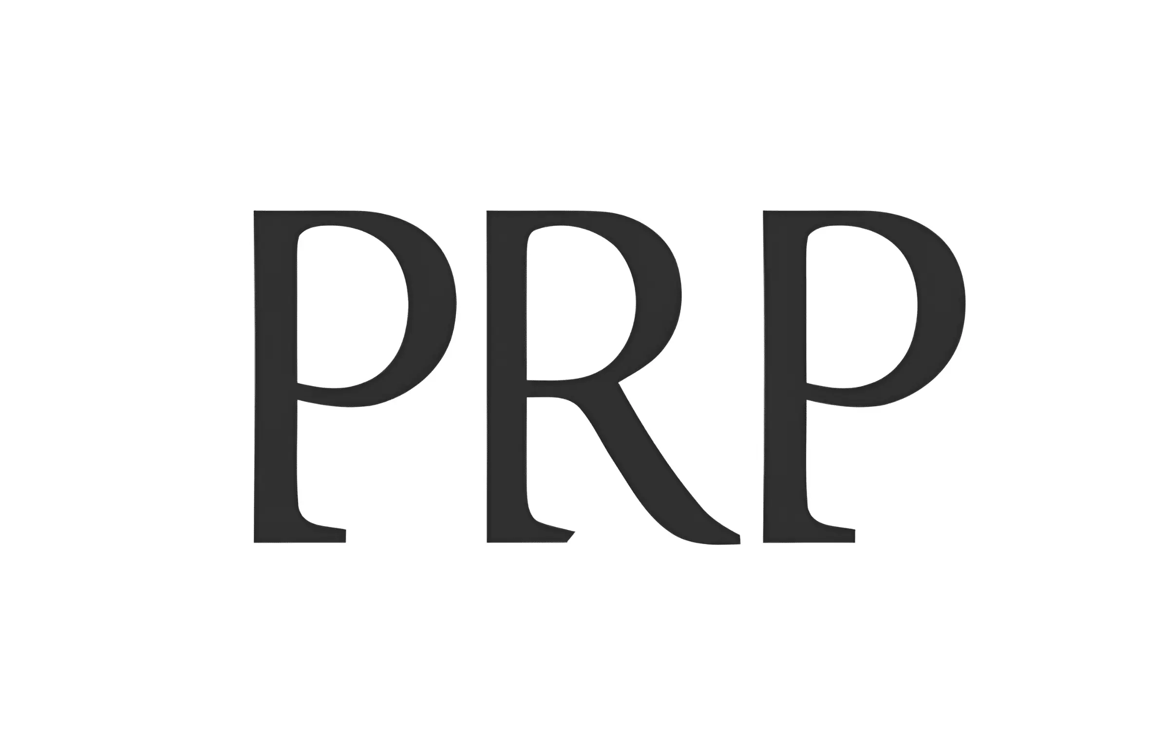 The image shows the bold, black letters PRP in a serif font on a plain white background.