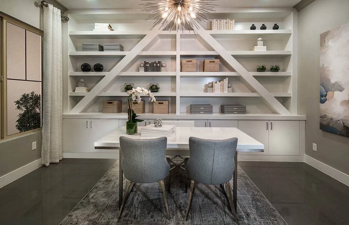The home office in the Kingsgate model at Reverence by Pulte Homes offers a built-in storage system