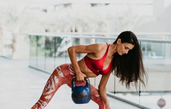 Lacy Schorr of TruFusion with kettlebell at Downtown Summerlin