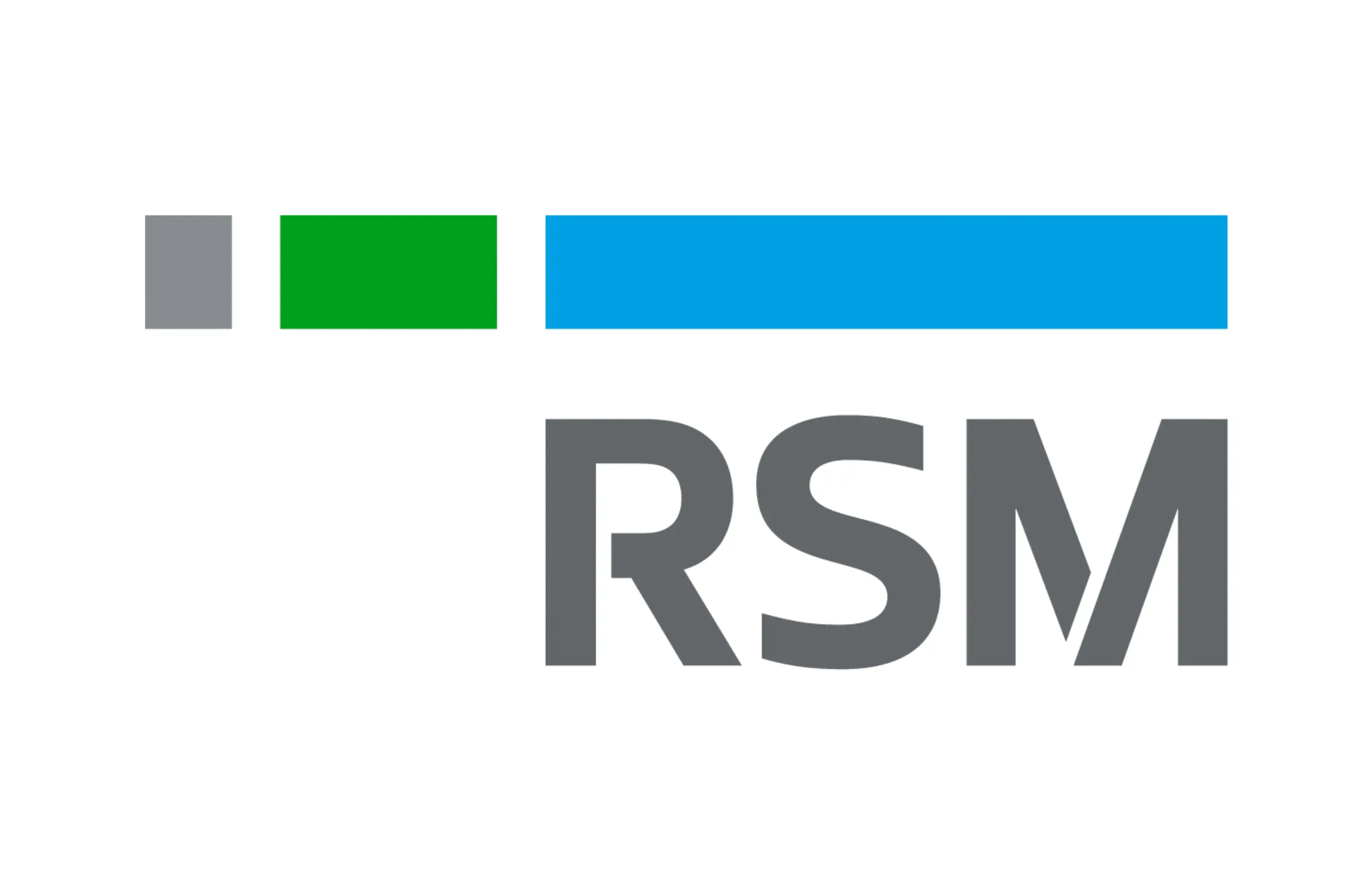 The RSM logo featuring a gray square, a green rectangle, a larger blue rectangle, and the letters RSM in bold gray font on a white background.