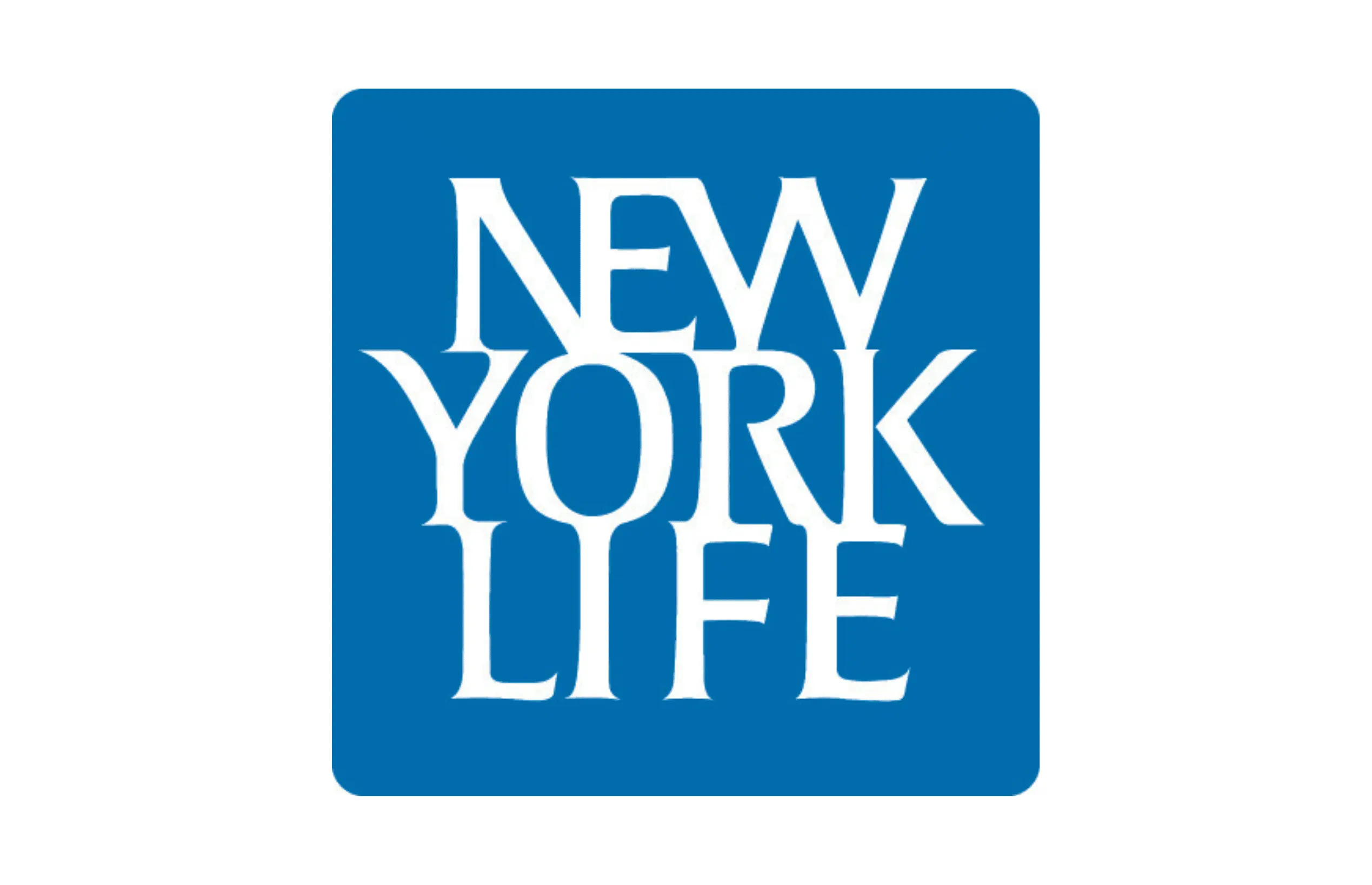 The image shows the New York Life logo, featuring the words NEW YORK LIFE in white, uppercase serif font, stacked inside a blue square with rounded corners.