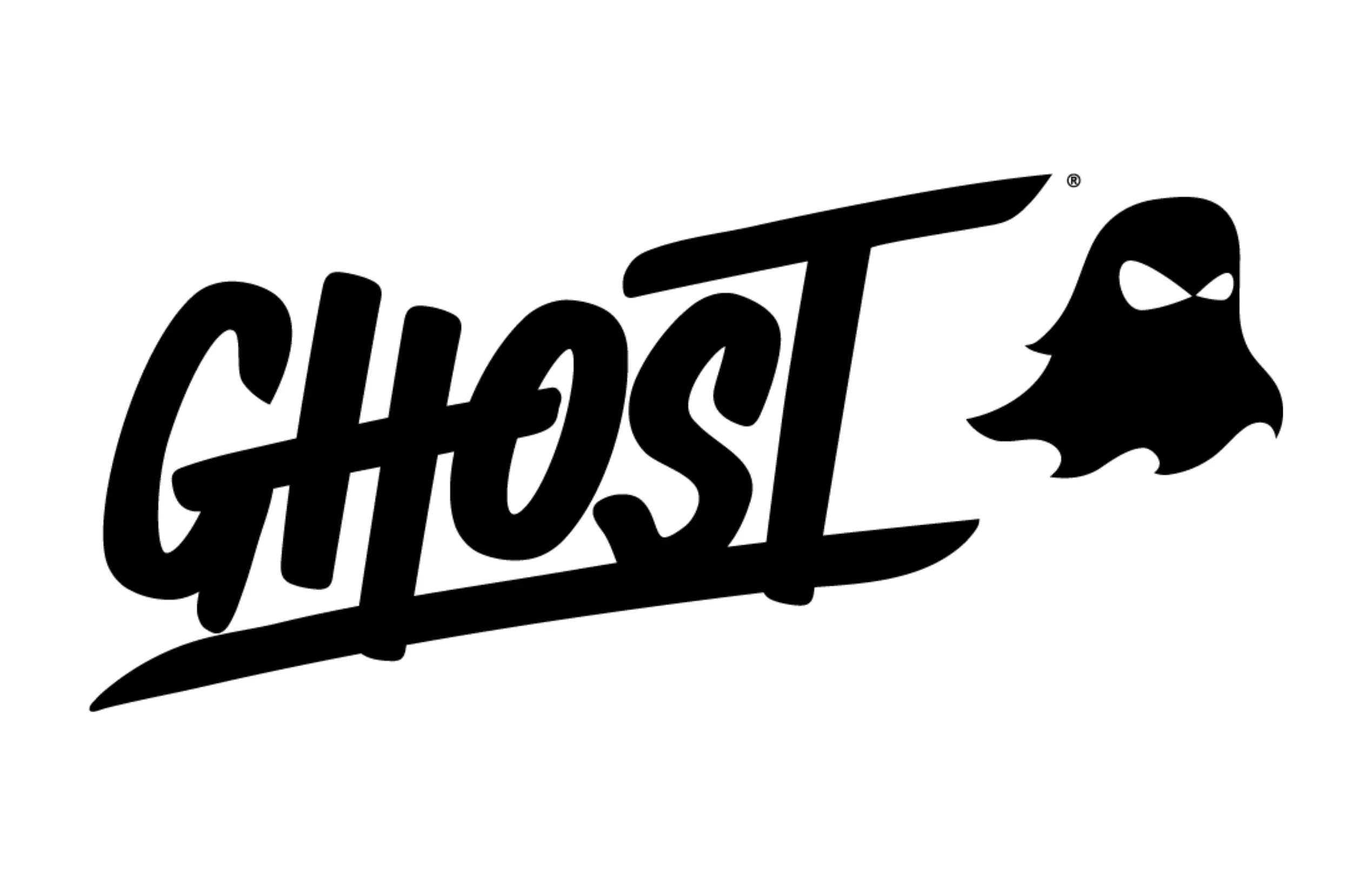 The image shows the word GHOST in bold, stylized black letters, with the letter O resembling a ghost icon featuring eye cutouts and a flowing, sheet-like shape. The background is white.