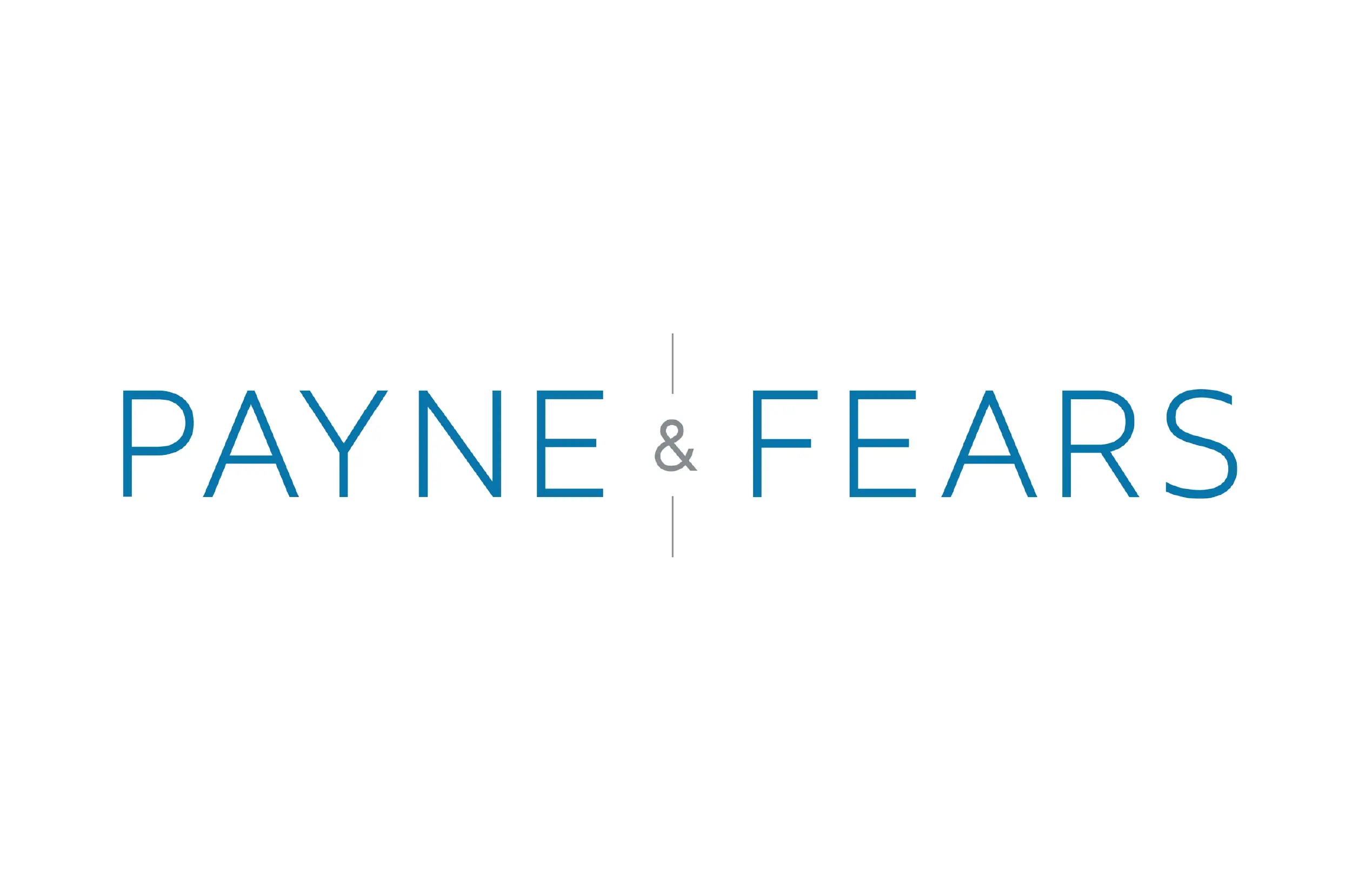 The image displays the words PAYNE & FEARS in blue capital letters on a white background, with a thin vertical gray line separating PAYNE and FEARS.