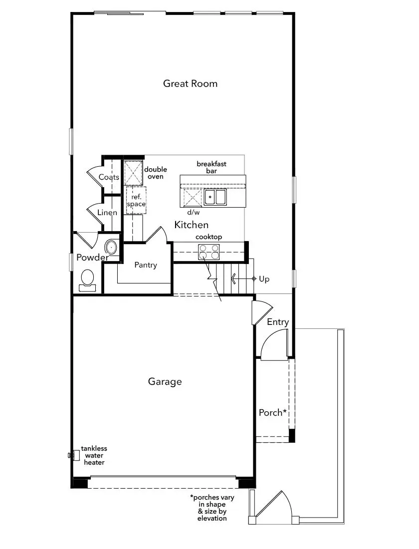 2070-1 Floor plan of Plan 2070 at Caldwell Park by KB Home, featuring a porch, entry, powder room, kitchen with pantry and breakfast bar, great room, and garage with tankless water heater; labeled areas and fixtures highlighted.