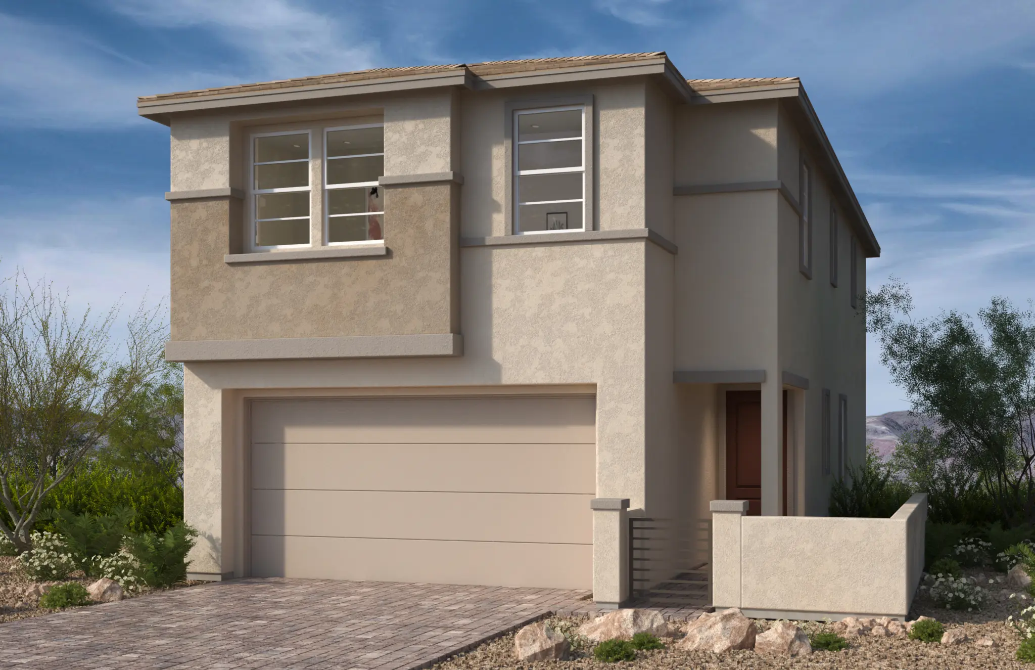 2070-A_sch2-2048×1325 Plan 2070 at Caldwell Park by KB Home features a two-story modern suburban house with a beige stucco exterior, flat roof, large windows, and a two-car garage. A small front patio with a low wall is surrounded by desert landscaping and greenery.