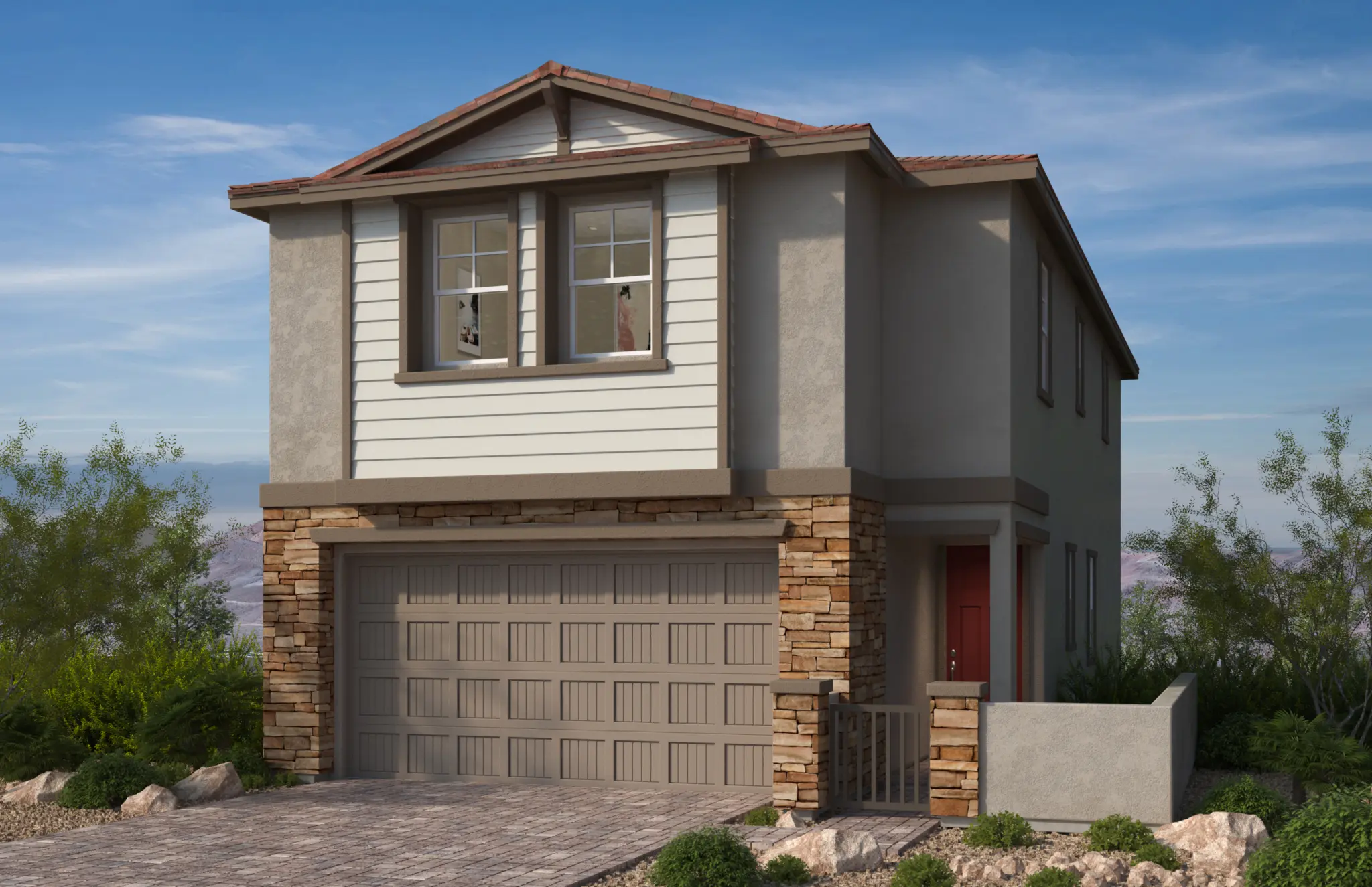 2070-C_sch10-2048×1325 Two-story modern house with a stone-accented exterior, light siding, and a red front door. Plan 2070 at Caldwell Park by KB Home features a double garage and small entryway, surrounded by bushes and rocks under a blue sky.