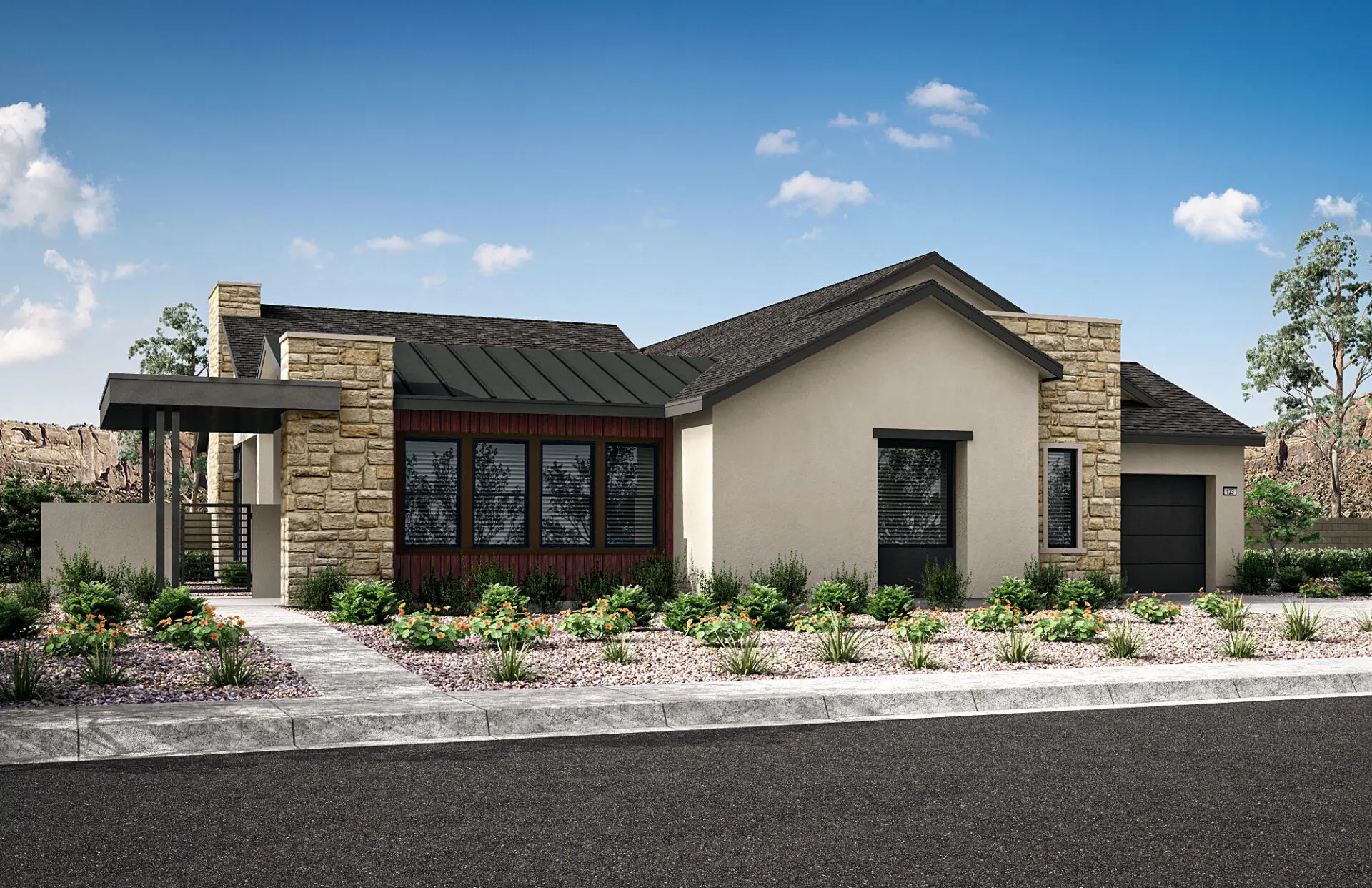 01_TP-LV-Carlisle-Ridge_HT-Plan-1A_CS-03 Modern single-story house with a mix of stone and stucco exterior, dark roof, large windows, and a landscaped front yard with shrubs and rocks under a blue sky—welcome to Plan 1 at Carlisle Ridge by Tri Pointe Homes.