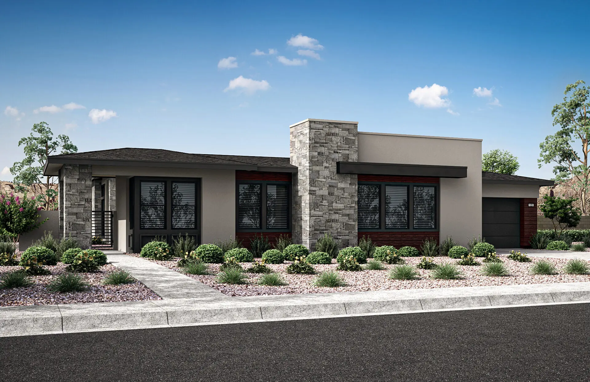 02_TP-LV-Carlisle-Ridge_HT-Plan-1B_CS-08 Plan 1 at Carlisle Ridge by Tri Pointe Homes is a modern single-story house with large windows, stone and stucco exterior, flat roof, and desert landscaping in the front yard under a clear blue sky.