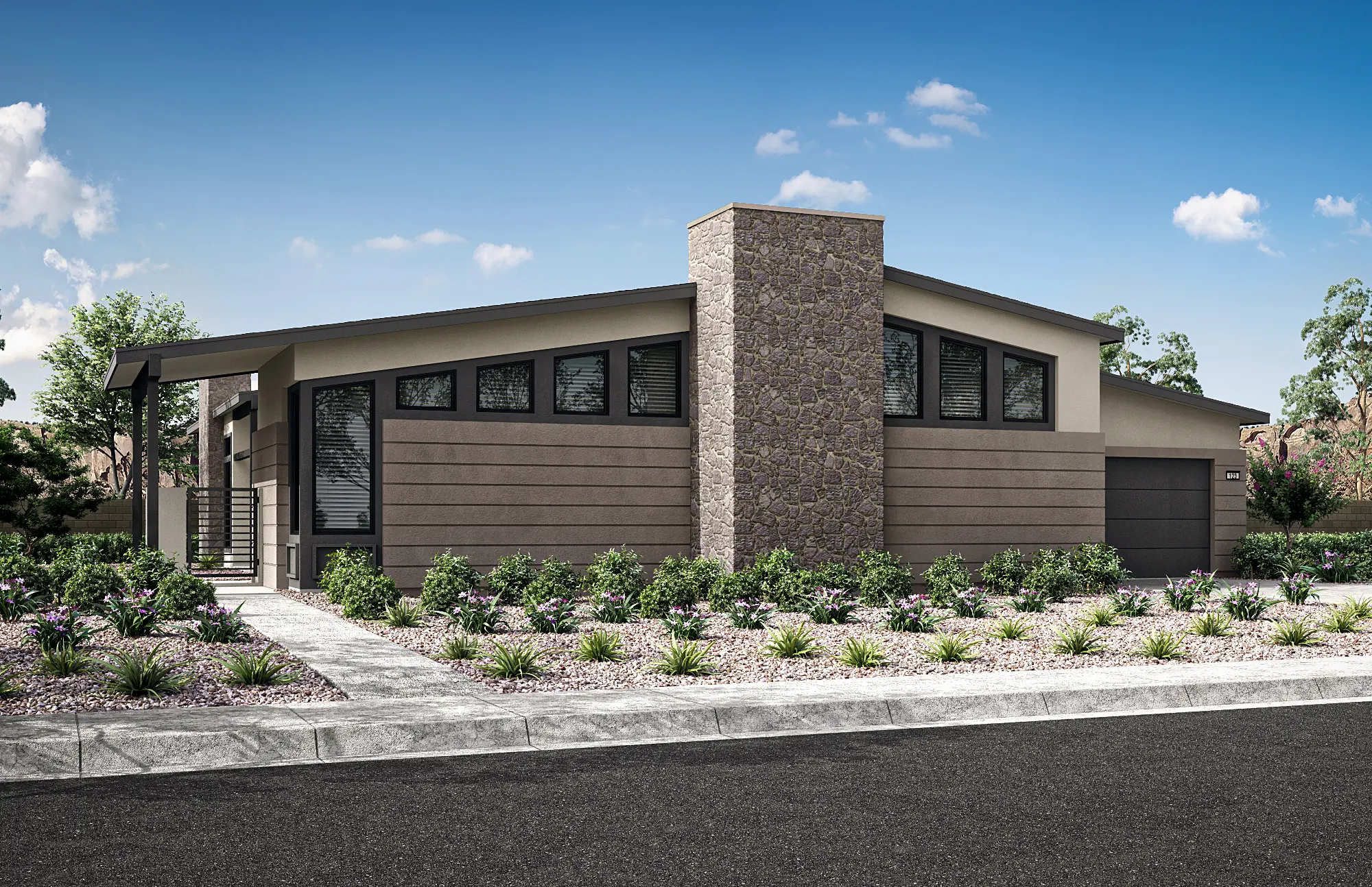 03_TP-LV-Carlisle-Ridge_HT-Plan-1C_CS-09 Modern single-story house with a flat roof, large windows, and a central stone accent wall. The front yard features desert landscaping and rocks—no grass—in Plan 1 at Carlisle Ridge by Tri Pointe Homes, all under a clear blue sky.