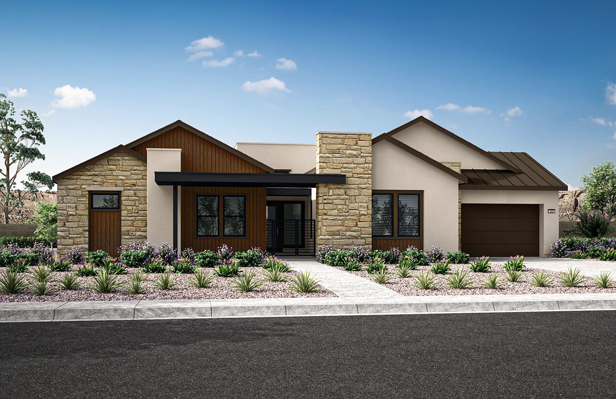 04_TP-LV-Carlisle-Ridge_HT-Plan-2A_CS-01 Modern single-story house with mixed stone, wood, and stucco exterior, large windows, front porch, landscaped yard with shrubs, and attached two-car garage—discover Plan 2 at Carlisle Ridge by Tri Pointe Homes set against a clear blue sky.