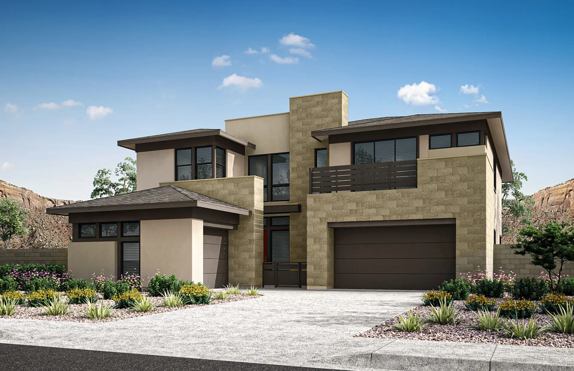 05_TP-LV-Carlisle-Peak_HT-Plan-2B_CS-05 Modern two-story house with flat roofs, large windows, stone and stucco exterior—Plan 2 at Carlisle Peak by Tri Pointe Homes—features two garages and a landscaped front yard with flowers and shrubs under a blue sky.