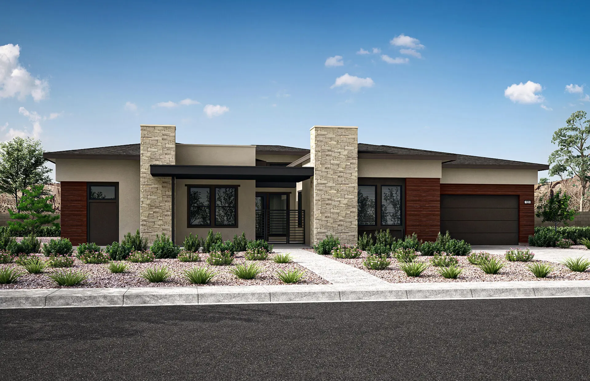 05_TP-LV-Carlisle-Ridge_HT-Plan-2B_CS-07 Modern single-story house with a flat roof, stone and wood accents, large windows, and double garage—Plan 2 at Carlisle Ridge by Tri Pointe Homes features a landscaped front yard with shrubs and gravel, all set under a clear blue sky.