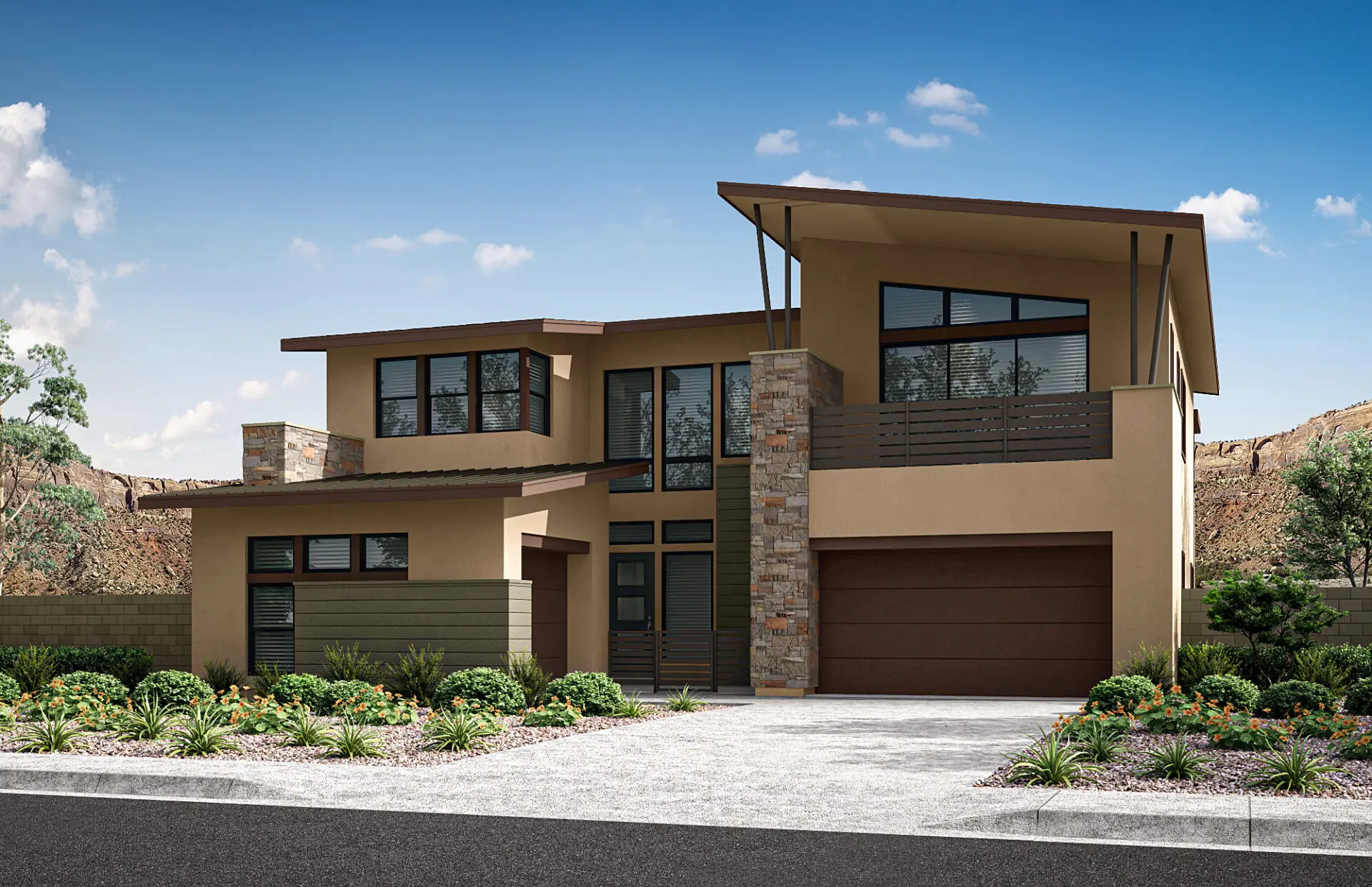 06_TP-LV-Carlisle-Peak_HT-Plan-2C_CS-12 Modern two-story house with large windows, a flat and sloped roof, stone and stucco exterior, double garage, and desert landscaping under a clear blue sky—this is Plan 2 at Carlisle Peak by Tri Pointe Homes.