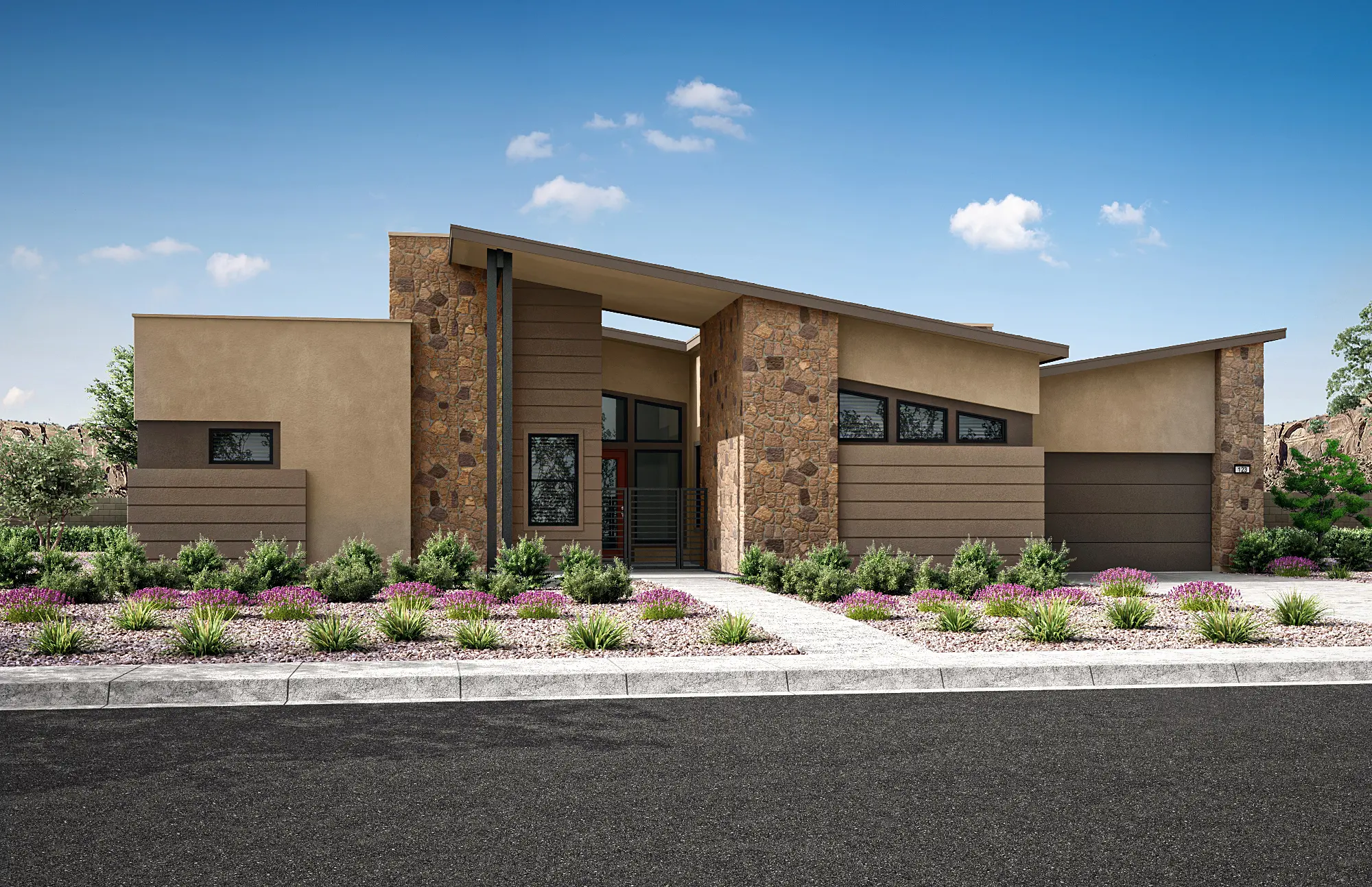 06_TP-LV-Carlisle-Ridge_HT-Plan-2C_CS-12 Plan 2 at Carlisle Ridge by Tri Pointe Homes features a modern single-story design with a stone and stucco exterior, multiple flat rooflines, large windows, a two-car garage, and desert landscaping with shrubs and purple flowers in front.