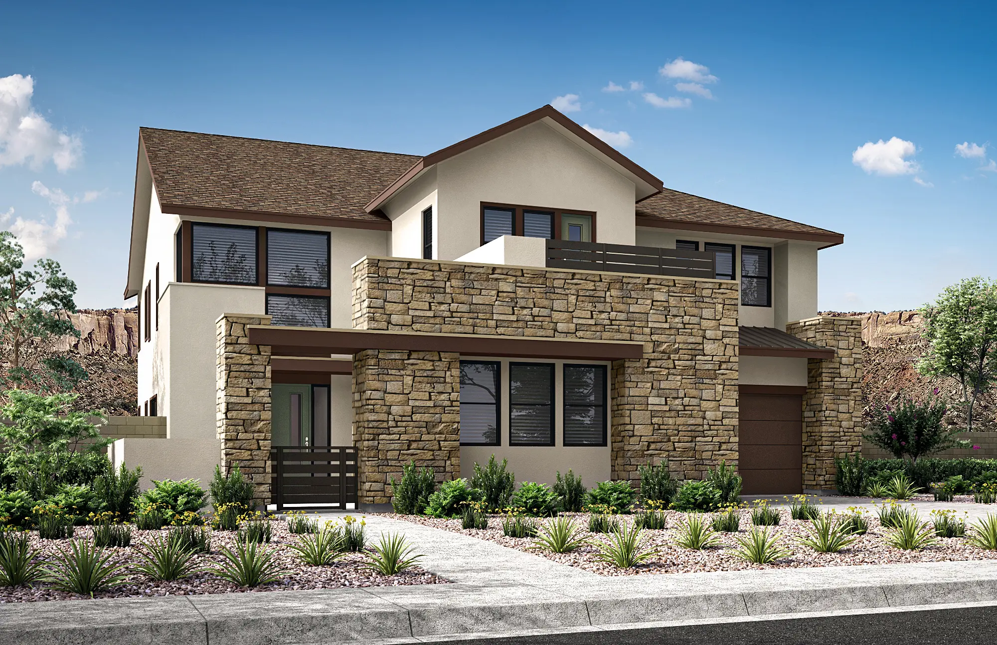 07_TP-LV-Carlisle-Peak_HT-Plan-3A_CS-01 Modern two-story house with stone and stucco exterior, large windows, a balcony, and a landscaped front yard with decorative plants—experience Plan 3 at Carlisle Peak by Tri Pointe Homes set against rocks and a clear blue sky.