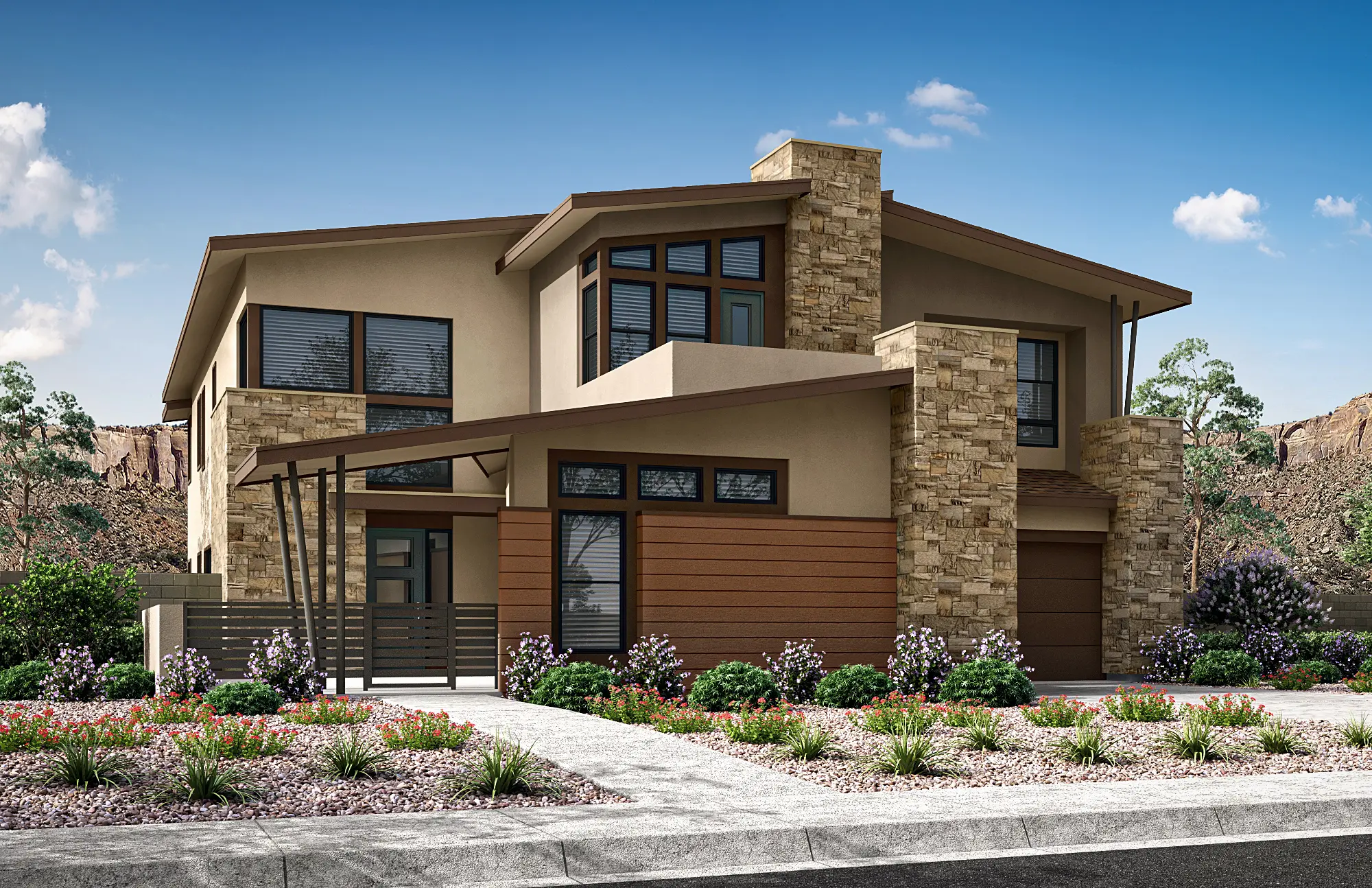 09_TP-LV-Carlisle-Peak_HT-Plan-3C_CS-11 Modern two-story house with stone and stucco exterior, large windows, and clean lines—Plan 3 at Carlisle Peak by Tri Pointe Homes—set amid desert landscaping with rocks, shrubs, and flowering plants under a blue sky.
