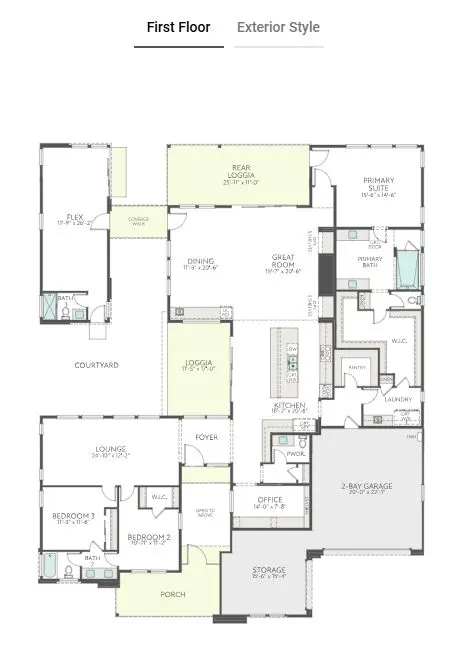 first-floor-1 The first floor of Plan 2 at Carlisle Ridge by Tri Pointe Homes features a porch, foyer, office, 3 bedrooms, lounge, dining room, kitchen, rear loggia, primary suite, flex room, 3 baths, 2-bay garage, courtyard and multiple walk-in closets.
