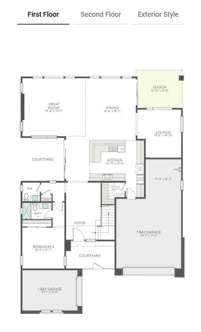 first-floor-4 First floor Plan 2 at Carlisle Peak by Tri Pointe Homes features a foyer, bedroom with ensuite, great room, dining area, kitchen, two 1-bay garages, courtyards, lounge, and loggia. Centrally located stairs; exterior walls highlighted in gray.