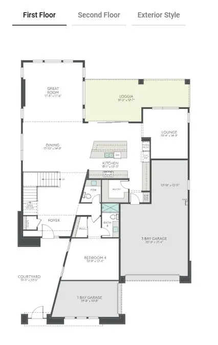 first-floor-5 The first-floor layout of Plan 3 at Carlisle Peak by Tri Pointe Homes features a foyer, dining room, great room, kitchen, lounge, loggia, courtyard, bedroom, bathroom, pantry, laundry, and two garages—one 1-bay and one 3-bay.