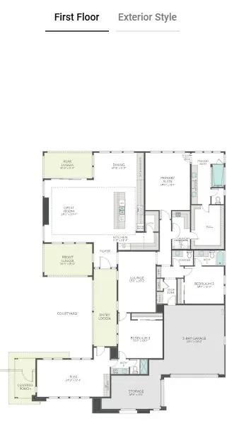 first-floor Floor plan of Plan 1 at Carlisle Ridge by Tri Pointe Homes, featuring labeled sections for bedrooms, bathrooms, kitchen, dining, great room, study, flex room, laundry, 3-car garage, covered patio, and storage areas.