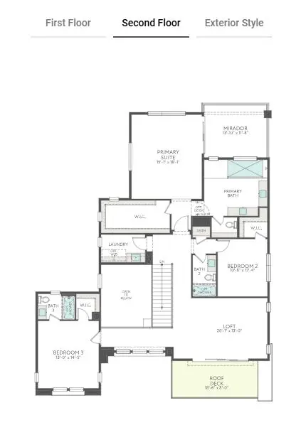 second-floor-2 Plan 2 at Carlisle Peak by Tri Pointe Homes features a second floor with three bedrooms, three bathrooms, a loft, laundry room, central stairs, primary suite with sitting area, two walk-in closets, and a covered roof terrace. Floor and style tabs above.
