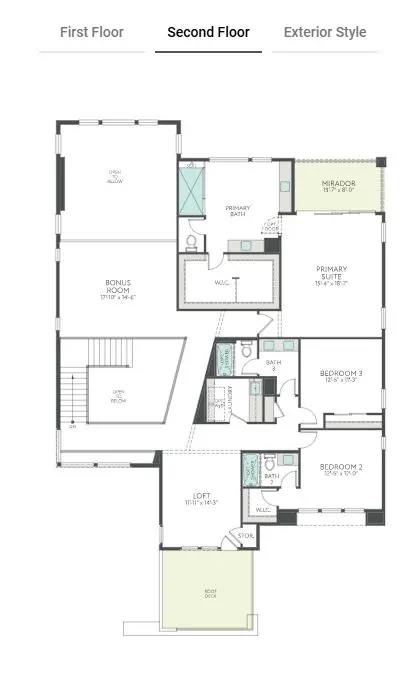 second-floor-3 Second floor plan of Plan 3 at Carlisle Peak by Tri Pointe Homes featuring a primary suite with two walk-in closets and a bathroom, two bedrooms, loft, bonus room, flex room, mirador, three bathrooms, and stairs.