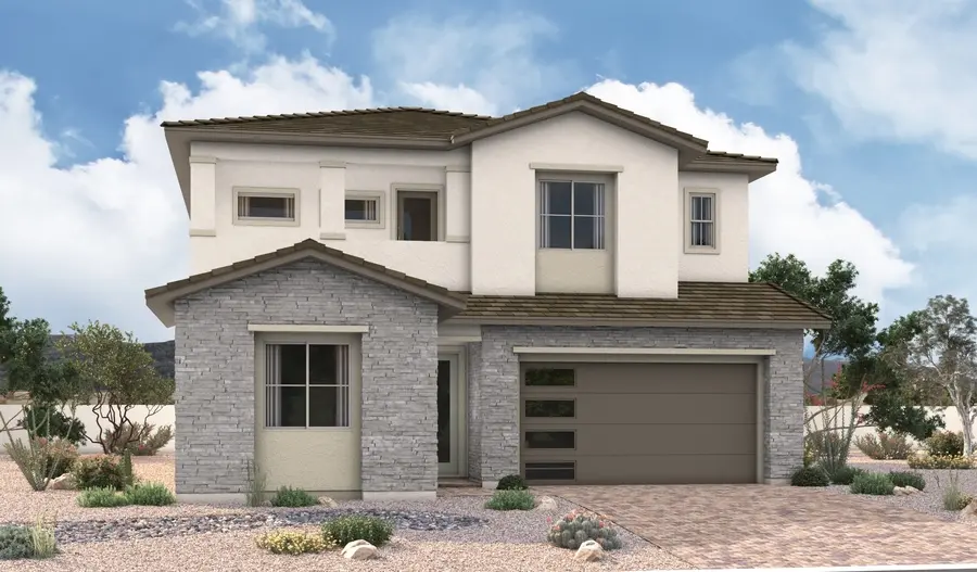 ChesapeakeLA53_B_Gen3_elev_IND_07_17_25 Two-story modern suburban house with light-colored walls, a stone facade on the lower level, a double garage door, and desert landscaping—showcasing the Chesapeake Floorplan at Primrose Park by Richmond American Homes—under a partly cloudy sky.