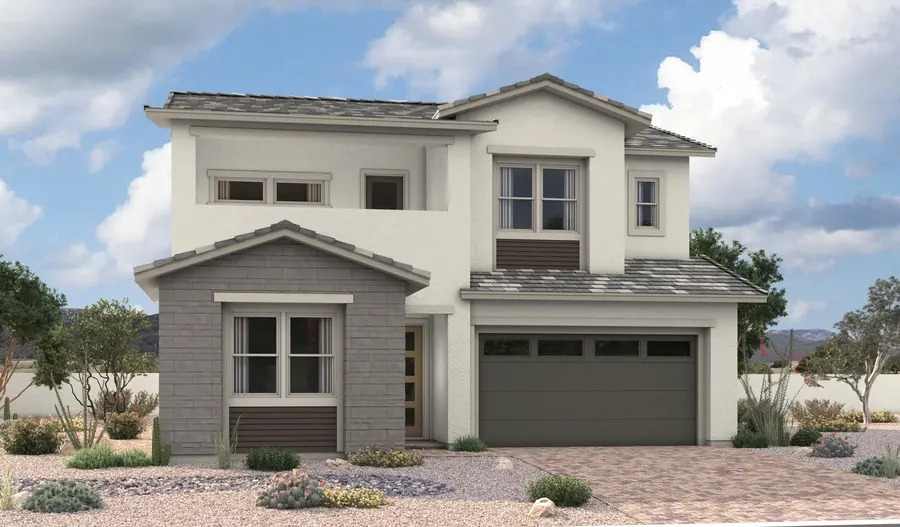 ChesapeakeLA53_C_Gen3_elev_IND_07_17_25 Two-story modern house featuring the Chesapeake Floorplan at Primrose Park by Richmond American Homes, with a gray garage door, white and gray exterior, large windows, stone pathway, desert landscaping, and small shrubs under a partly cloudy sky.