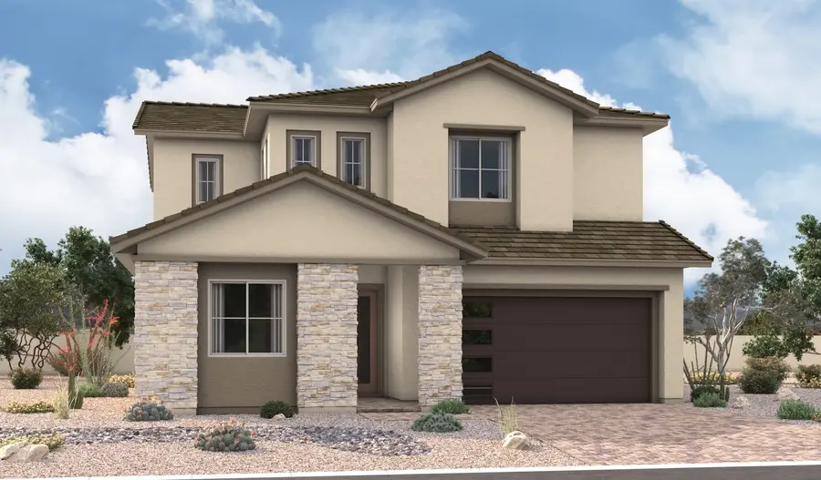 DupontLA54_B_Gen3_elev_IND_07_17_25 A two-story modern house with beige stucco walls, a dark brown roof, stone accents on the front porch, and large windows—this is the Dupont Floorplan at Primrose Park by Richmond American Homes. Features include a dark brown garage door and desert landscaping.