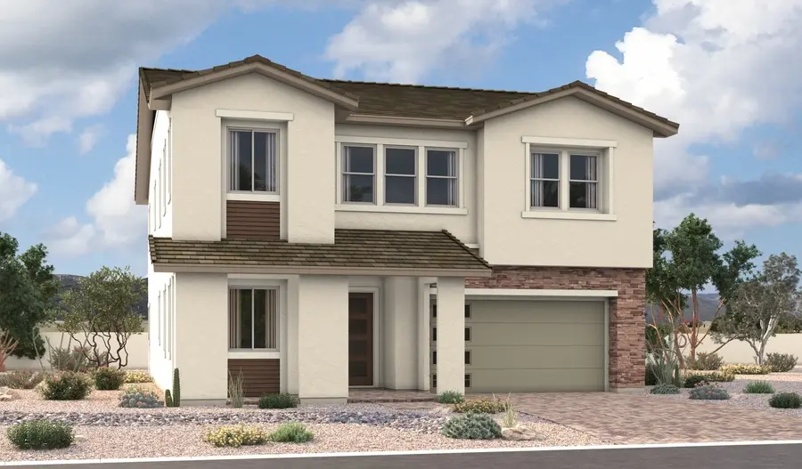 Sage-IILA58_C_Gen3_elev_IND_07_17_25 A modern two-story house with beige walls, a brown tiled roof, and large windows features the Sage II Floorplan at Primrose Park by Richmond American Homes. The desert-landscaped front yard is accented with rocks, small plants, and cacti under a partly cloudy sky.