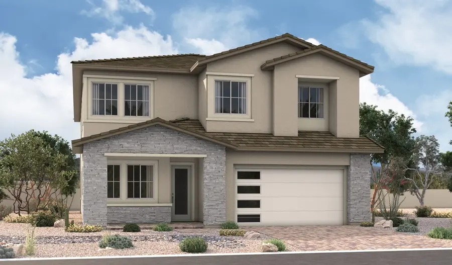 TetonLA55_B_Gen3_elev_IND_07_17_25 Modern two-story Teton Floorplan at Primrose Park by Richmond American Homes features beige stucco, gray stone accents, large windows, a double garage with three horizontal windows, and desert landscaping with rocks and small shrubs in the front yard.