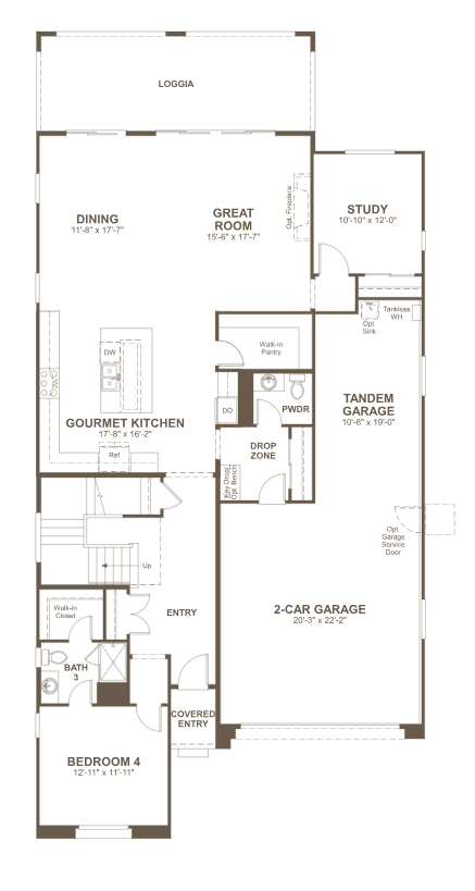 chesapeaks-fp-1 Discover the Chesapeake Floorplan at Primrose Park by Richmond American Homes—a single-story layout featuring a covered entry, spacious bedroom with bath, kitchen, dining and great room, study, powder room, drop zone, garages, and rear loggia.