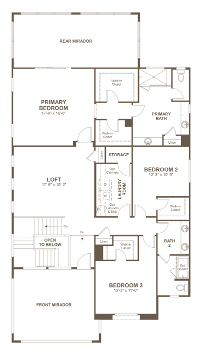 chesapeaks-fp-2 The Chesapeake Floorplan at Primrose Park by Richmond American Homes features a single-story layout with three bedrooms, two baths, a loft, laundry room, storage, open living areas, and front and rear miradors (covered terraces).