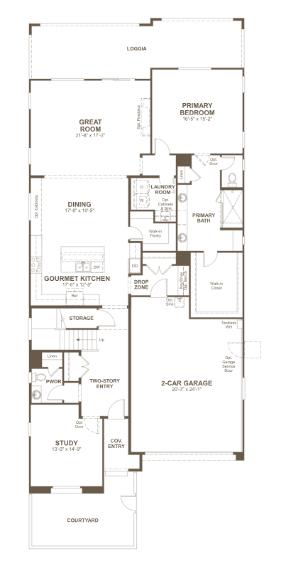 dupont-fp-1 Explore the Dupont Floorplan at Primrose Park by Richmond American Homes, a single-story layout featuring a study, two-story entry, gourmet kitchen, great room, primary suite with en suite bath, laundry, 2-car garage, and loggia.