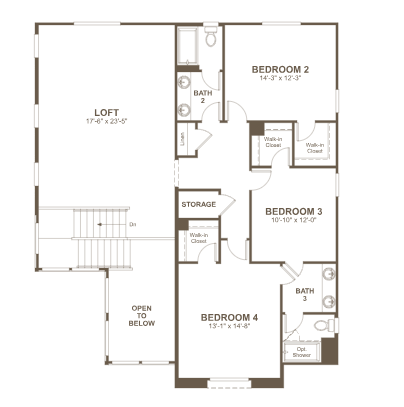 dupont-fp-2 Explore the upper level of the Dupont Floorplan at Primrose Park by Richmond American Homes, featuring a loft, three bedrooms with walk-in closets, three bathrooms, a storage area, and stairs to the lower level.