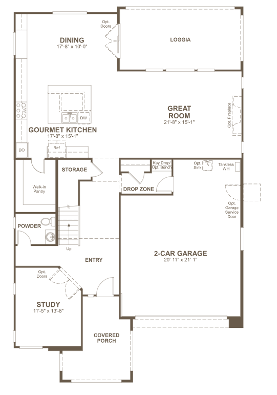 sage-fp-1 Explore the Sage II Floorplan at Primrose Park by Richmond American Homes—featuring a covered porch, study, gourmet kitchen, great room, loggia, 2-car garage, and versatile options to suit your lifestyle.