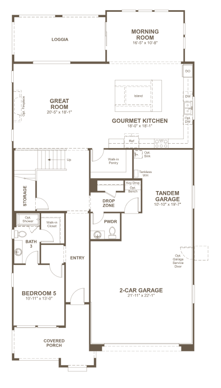 teton-fp-1 Discover the Teton Floorplan at Primrose Park by Richmond American Homes, featuring a covered porch, great room, gourmet kitchen, morning room, bedroom, bath, loggia, storage, drop zone, powder room, tandem garage and 2-car garage.