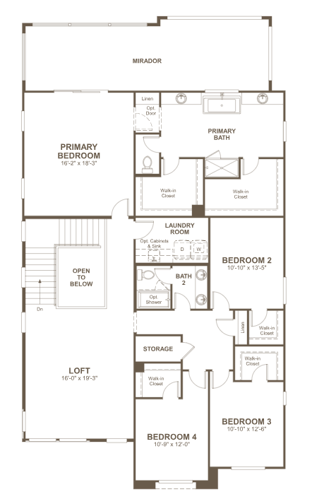 teton-fp-2 The Teton Floorplan at Primrose Park by Richmond American Homes features four bedrooms, three bathrooms, a loft, laundry room, storage, and a “Mirador” balcony. The primary suite boasts a spacious bath and two walk-in closets.