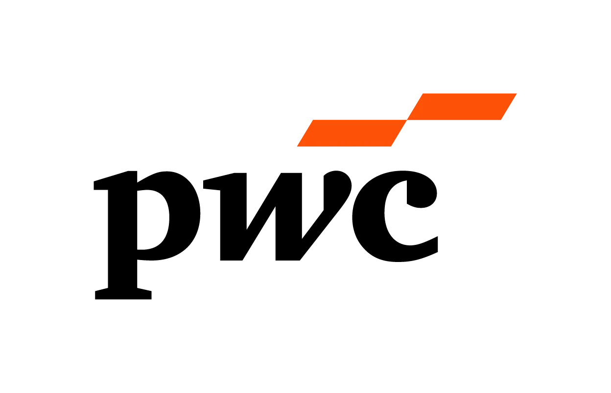 The image shows the PwC logo with pwc in bold black lowercase letters and two orange parallelograms stacked above the letters. The background is white.