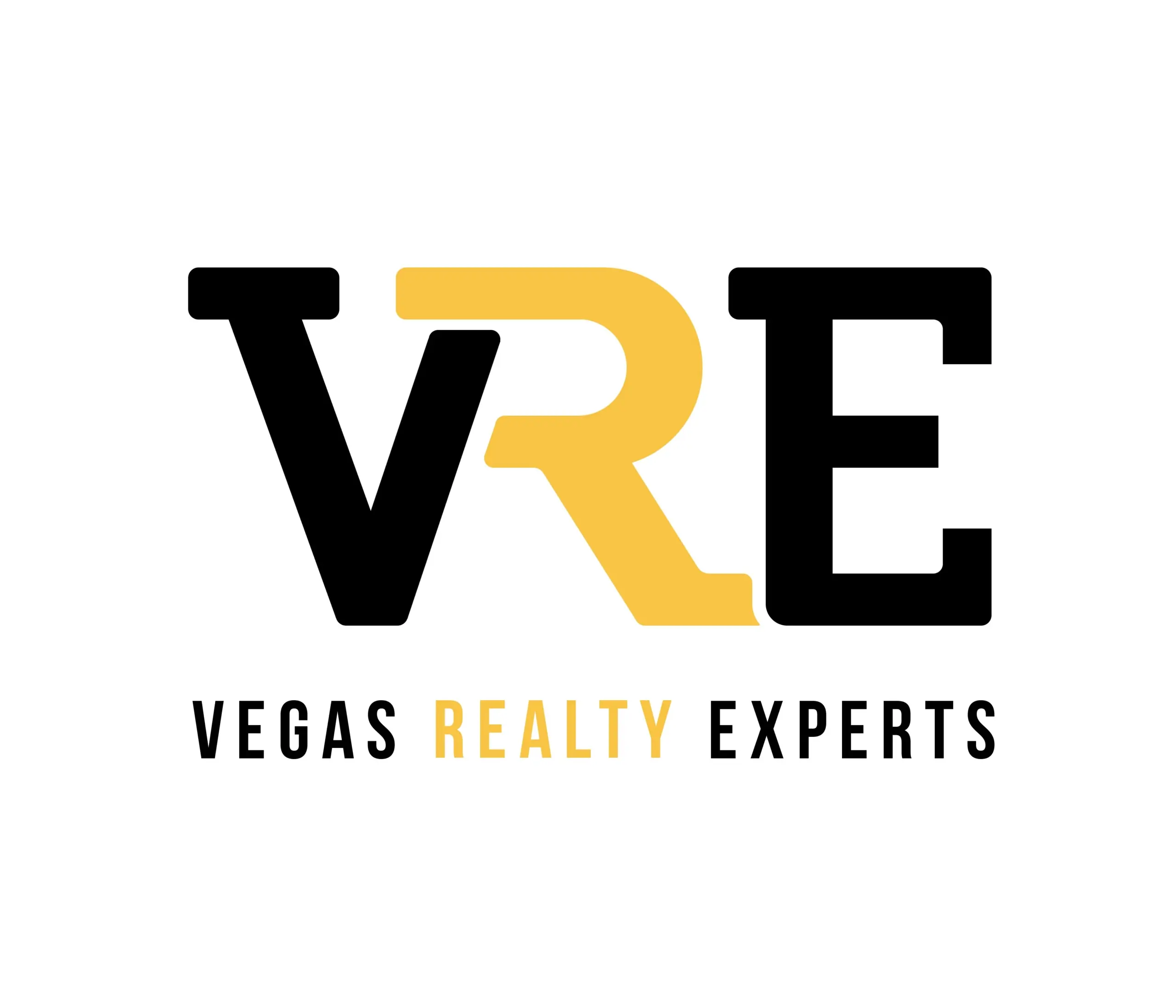 Logo with bold letters VRE in black and yellow, with VEGAS REALTY EXPERTS written below; REALTY is highlighted in yellow, while the rest of the text is black on a white background.
