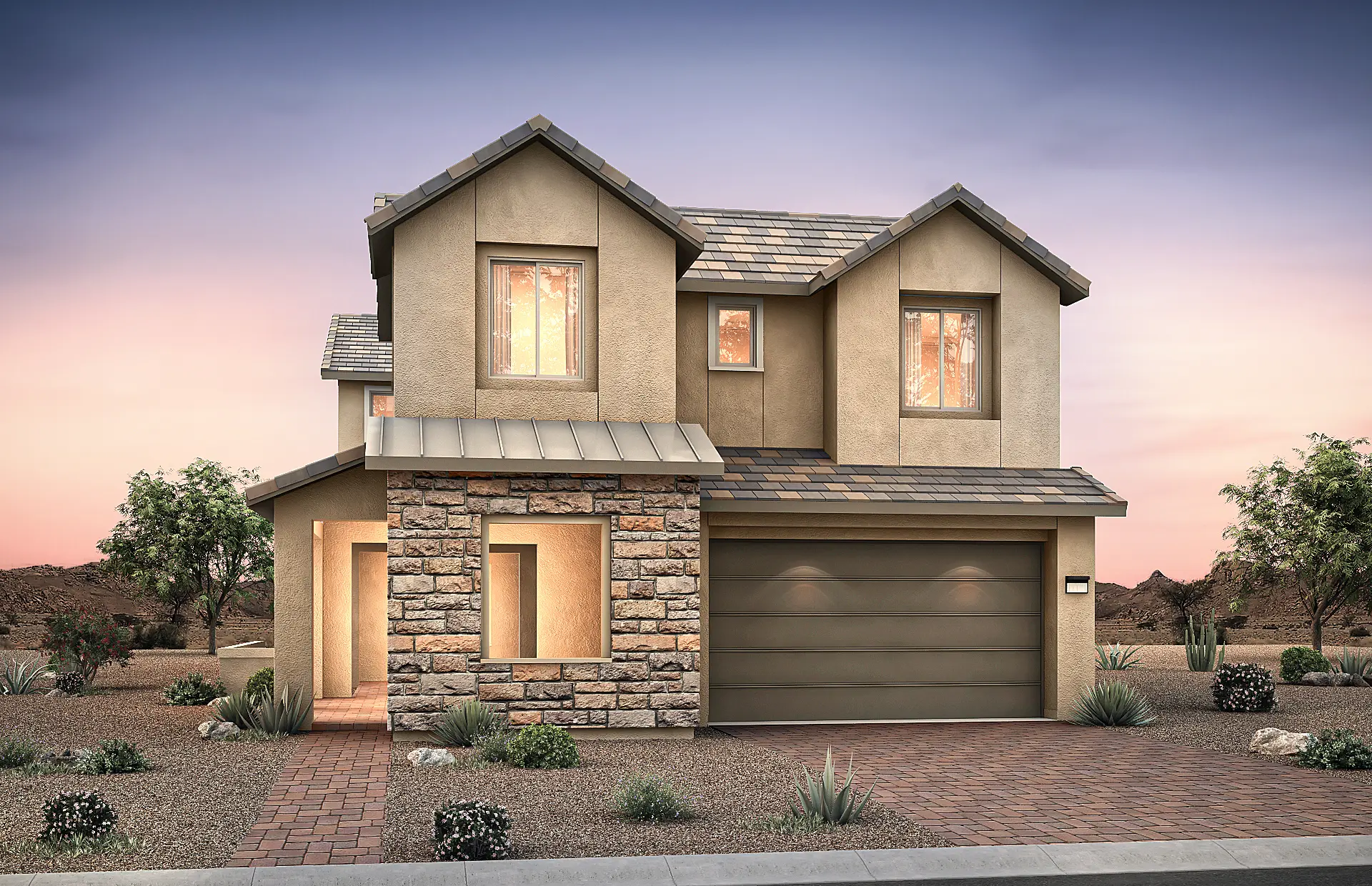3536-7-Tivoli-B6 Two-story modern house in Tivoli at Brantley by Pulte Homes with tan stucco and stone accents, large windows, double garage, paved driveway, and desert landscaping with small plants and trees at sunset.
