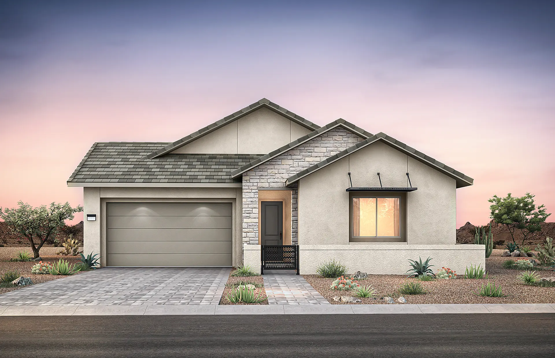 4521-7-Stella-B4 Single-story modern house at Stella at Brantley by Pulte Homes with a two-car garage, stone and stucco exterior, gated front door, large window, desert landscaping, and a stunning sunset sky in the background.