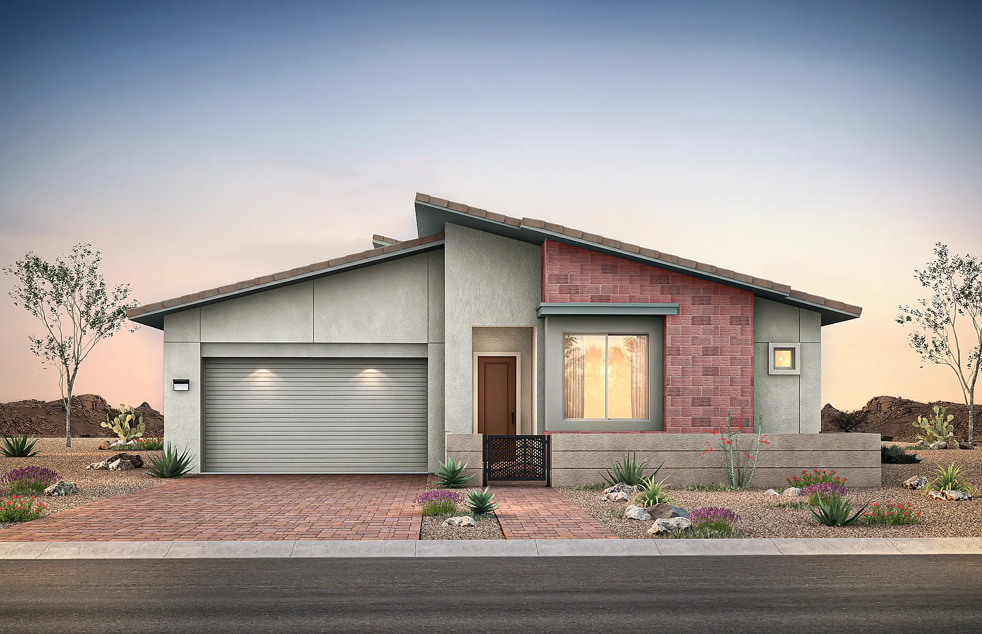 4521-7-Stella-C7 Modern single-story house at Stella at Brantley by Pulte Homes with a sloped roof, two-car garage, brick and stucco exterior, desert landscaping with rocks and drought-tolerant plants, and a sunset sky in the background.