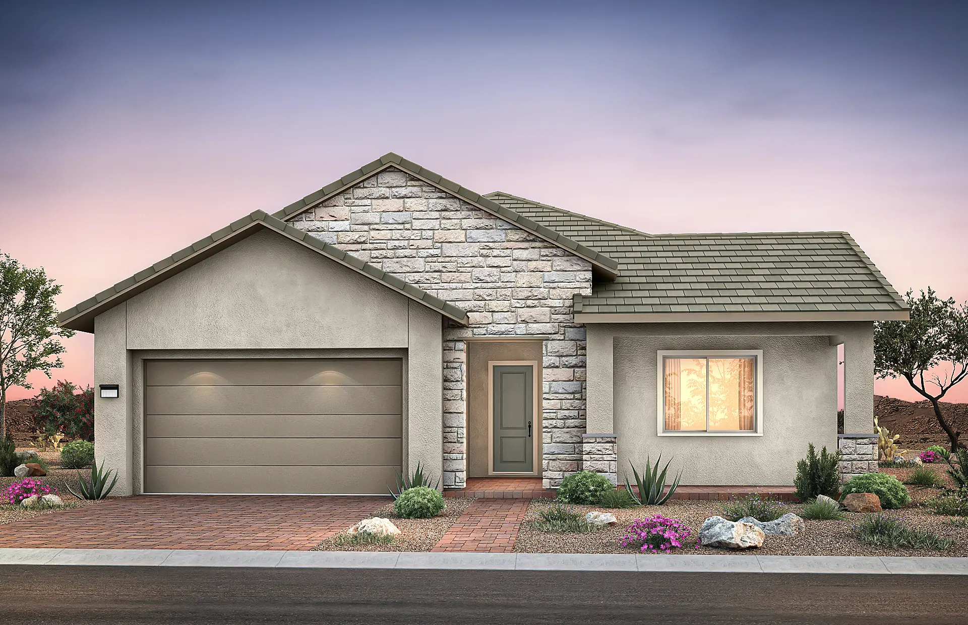 4522-7-Gardengate-B5 Single-story modern house at Gardengate at Brantley by Pulte Homes featuring a stone and stucco exterior, green-tiled roof, two-car garage, front porch, large window, and desert landscaping with rocks and shrubs at sunset.