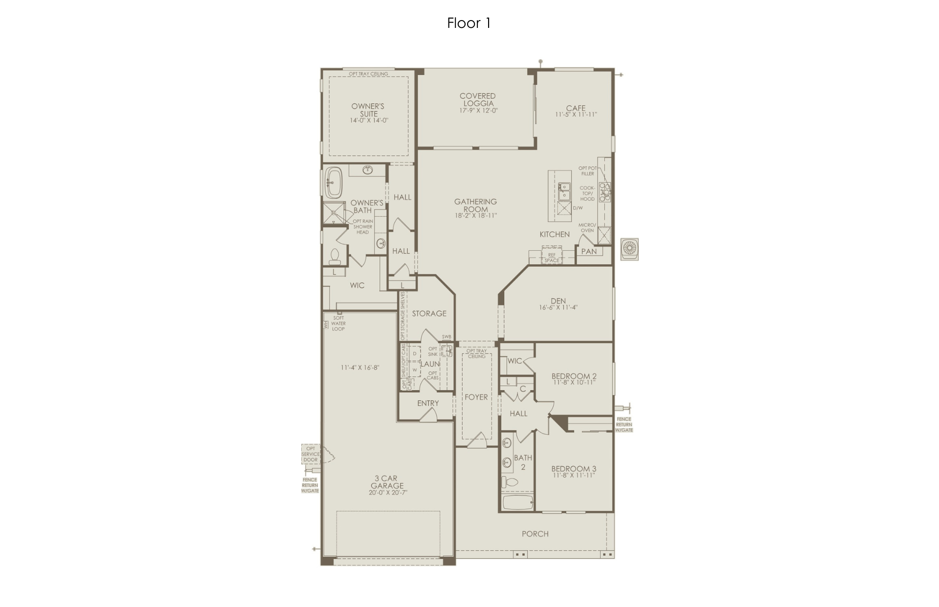Base-Floor-Plan-Gardengate Floor plan at Gardengate at Brantley by Pulte Homes: single-story home with a 3-car garage, owners suite with bath, two bedrooms, two bathrooms, kitchen, café, gathering room, storage, entry, covered patio, hallways, and porch.