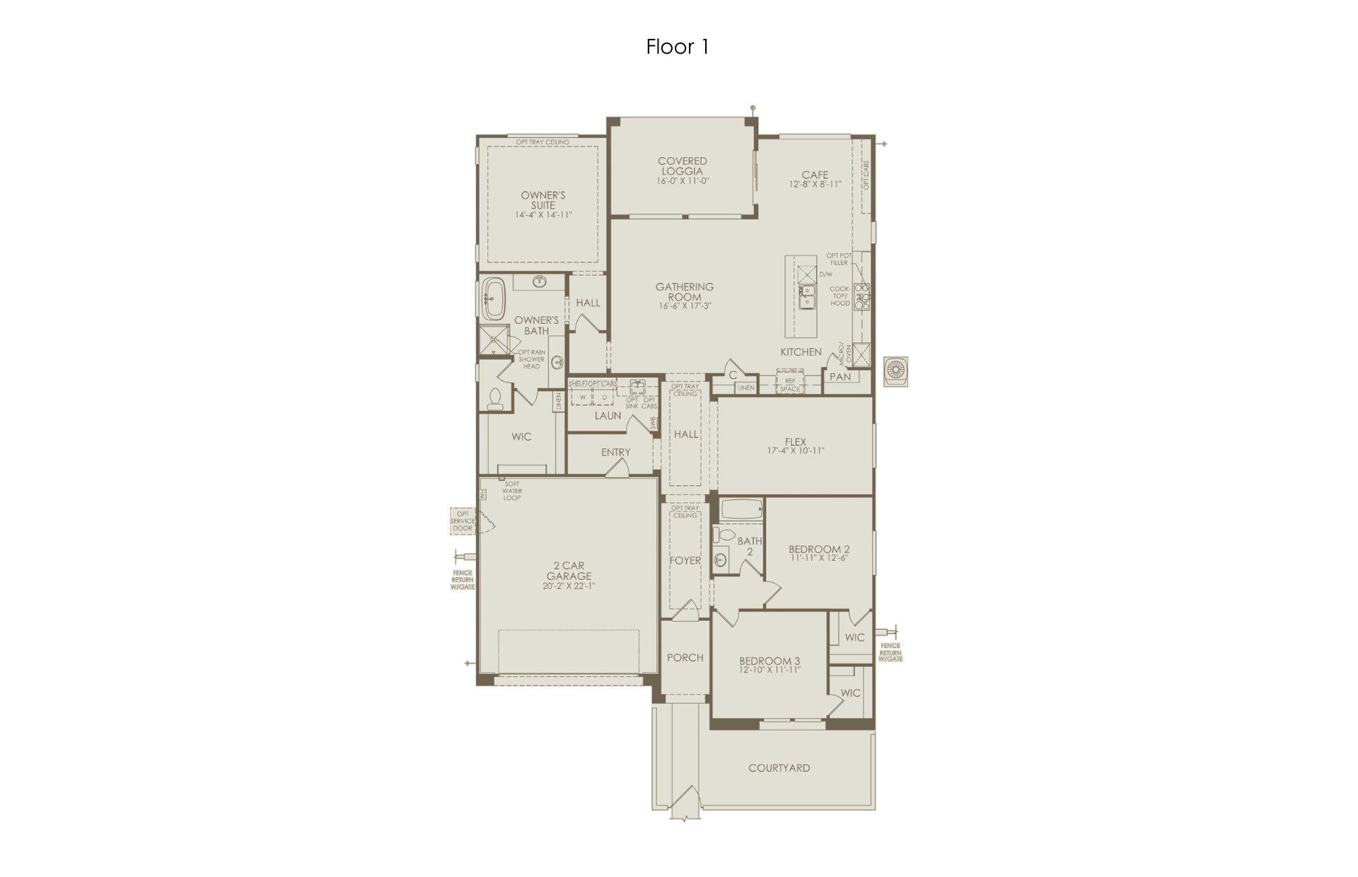 Base-Floor-Plan-Stella Floor plan labeled Floor 1 at Stella at Brantley by Pulte Homes, featuring a 3-bedroom house with a 2-car garage, kitchen, dining, living area, primary suite with bath, laundry, covered patio, garden, courtyard, and connected paths.