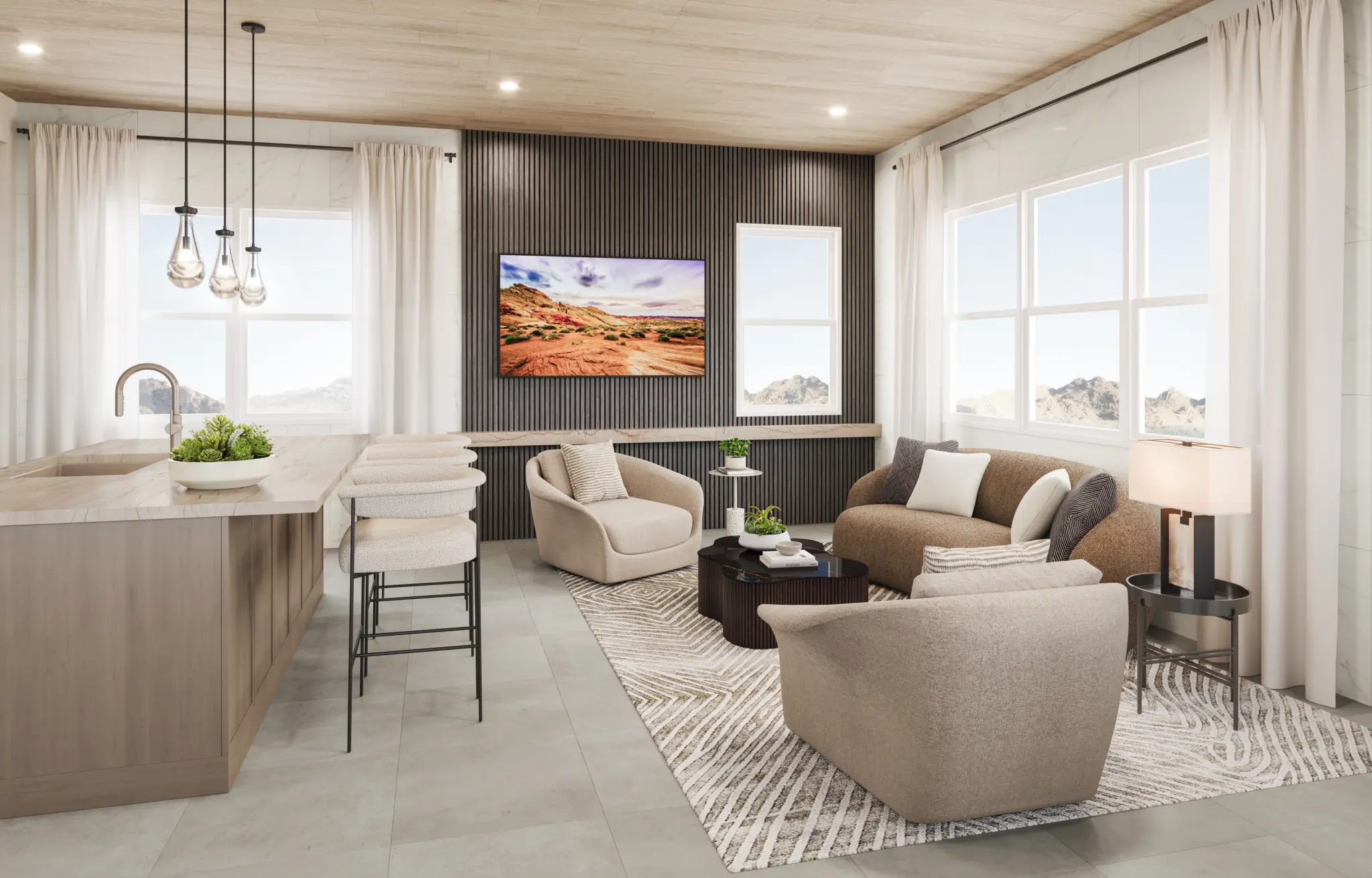 9048_NV-LV_FITZROY_CON_GREATROOM_1-2048×1311 Modern living room with neutral tones, featuring a small seating area, rug, coffee table, and TV on a dark accent wall—part of the Fitzroy Floorplan at The Loughton by Toll Brothers—with large windows and a light wood kitchen island.